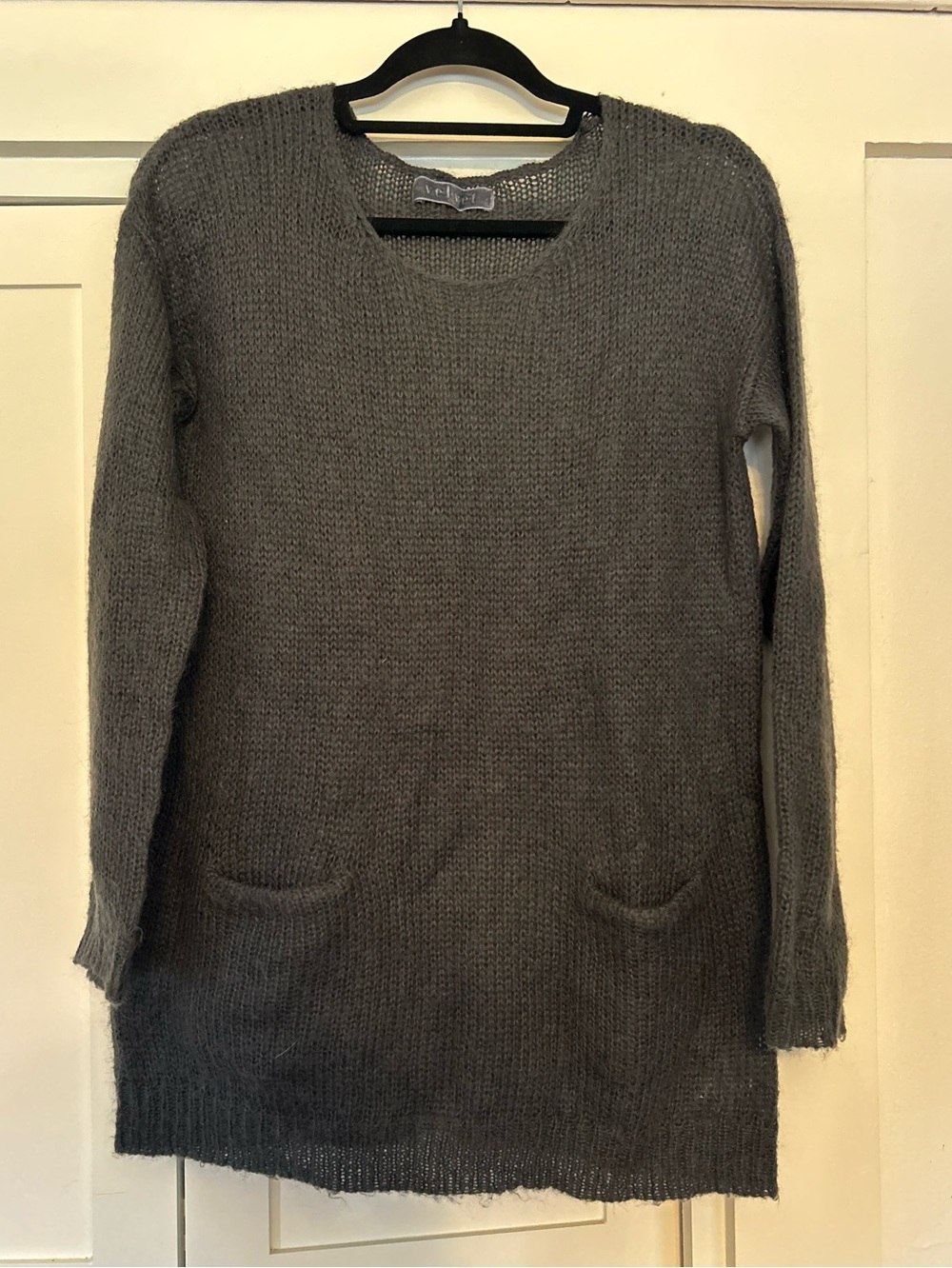 Velvet by Graham & Spencer Dark Gray Long Tunic Knit Mohair Sweater with Pockets